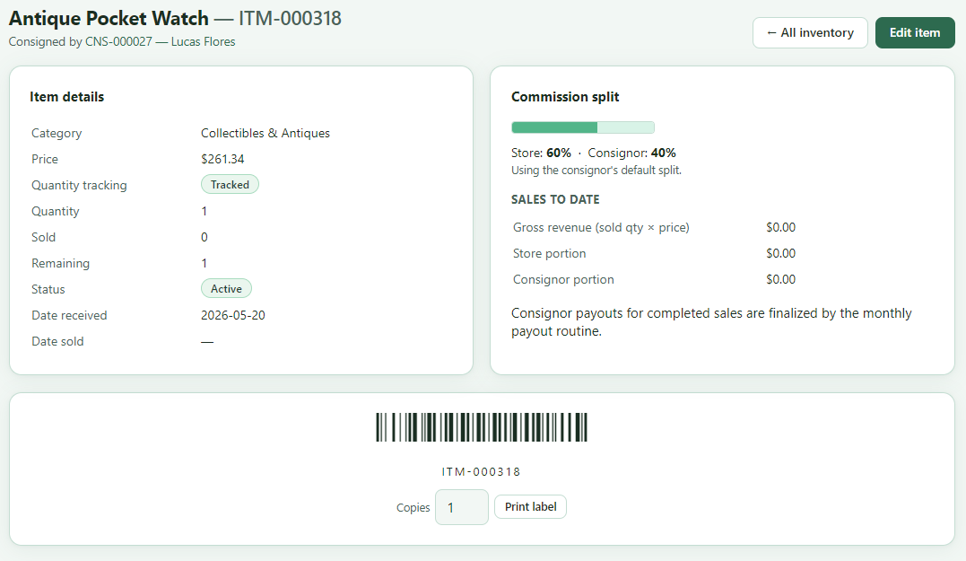 Consign Sprocket item detail screen showing item details, the consignor's commission split, sales to date, and a printable barcode label